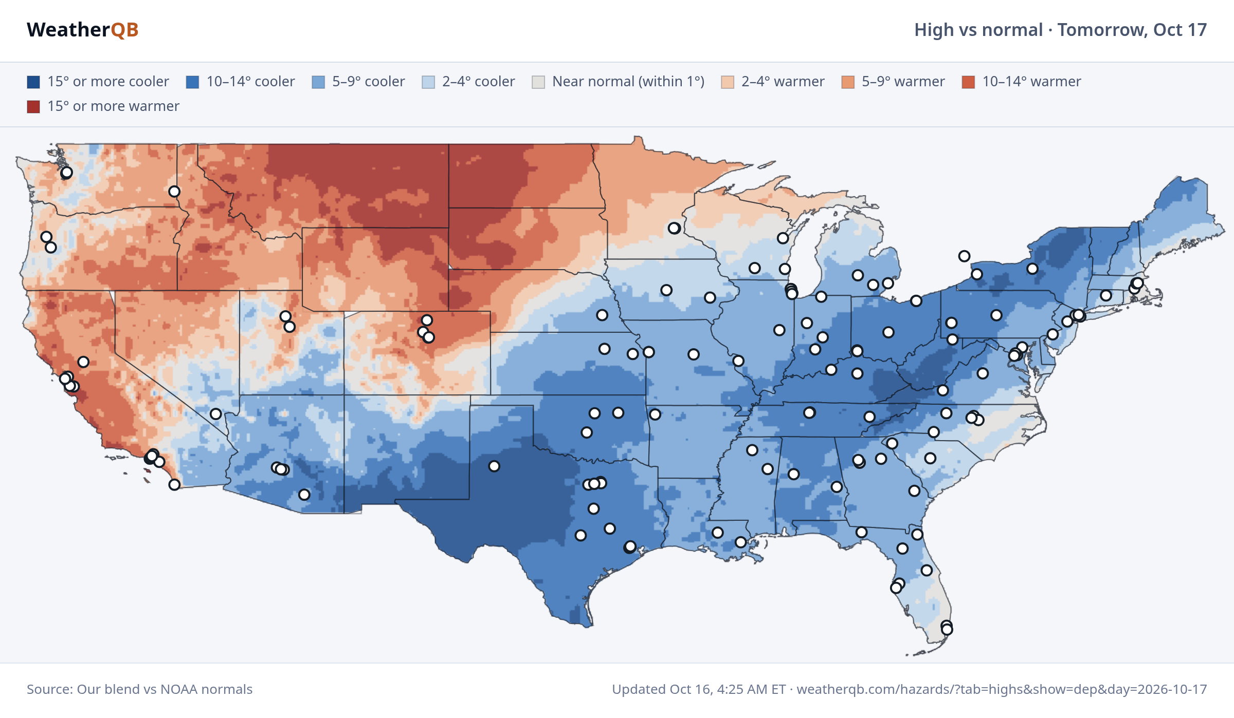 WeatherQB map of Saturday, Oct 17 forecast high temperatures compared with normal across the lower 48, warmer than normal in reds and cooler in blues, with outdoor games marked